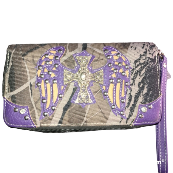 Wallet Purple Leather and Camo with a Cross & Wings 🪽 - Picture 1 of 6